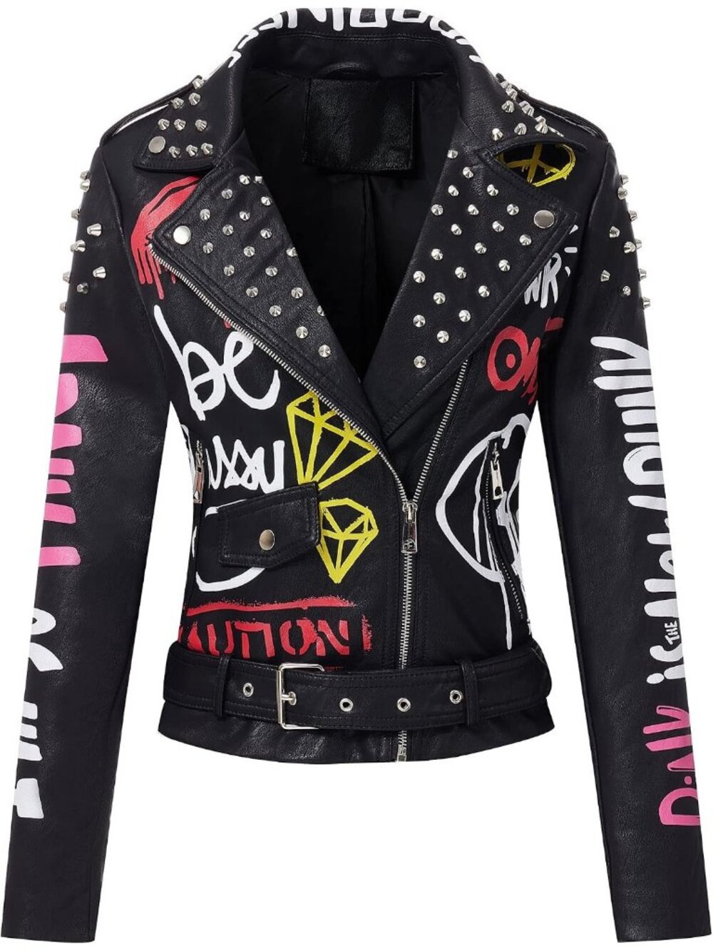 Women's Black Studded Faux Leather Moto Biker Jacket Lightweight Zip Up Coat